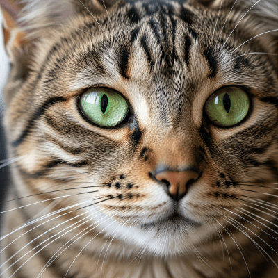 Close-up macro photograph focusing on the facial features and fur texture of a Domestic Cat