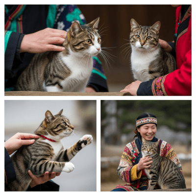 Image of a Domestic Shorthair interacting with humans or participating in cultural activities