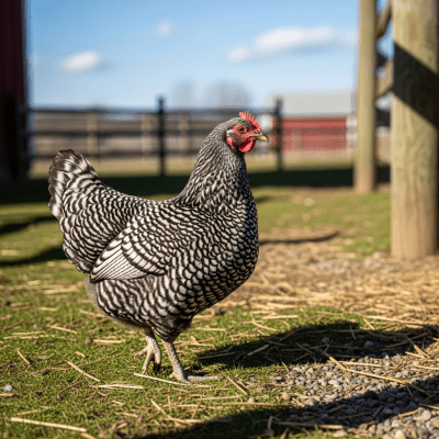 Naturalistic image of a Dominique belonging to the chicken taxonomy in its typical outdoor environment