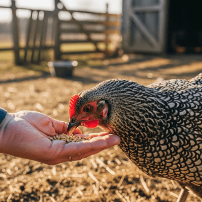Photograph of a Dominique from the chicken taxonomy interacting with humans in a typical farm setting