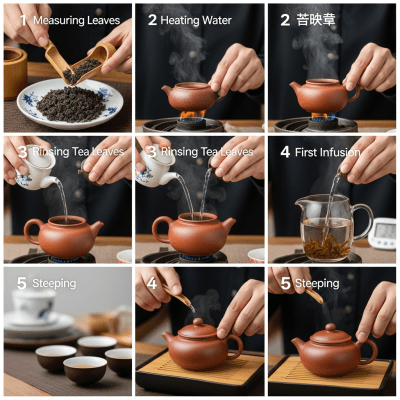 Step-by-step visual depiction showing the preparation process for Dong Ding, within the taxonomy teas