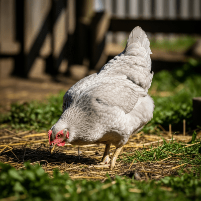 Naturalistic image of a Dorking belonging to the chicken taxonomy in its typical outdoor environment