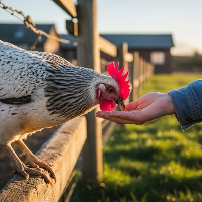 Photograph of a Dorking from the chicken taxonomy interacting with humans in a typical farm setting