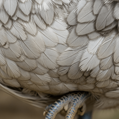 Close-up macro photograph highlighting the feather texture and coloration of a Dorking from the chicken taxonomy