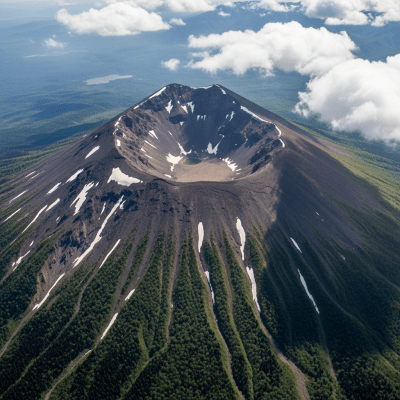 Aerial view photograph of the Dormant volcano, showcasing its shape and crater from above