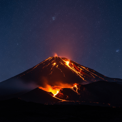 Nighttime image of the Dormant volcano, highlighting glowing lava and illuminated volcanic features