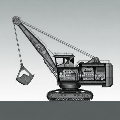 Detailed cross-sectional illustration of a Dragline excavator from the excavators taxonomy