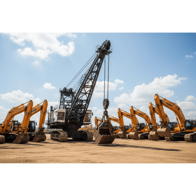 A wide-angle image of a fleet of various excavators, with the specific Dragline excavator in the foreground for emphasis