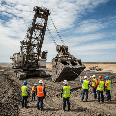 Image of a diverse group of construction workers operating or interacting with a Dragline excavator from the excavators taxonomy
