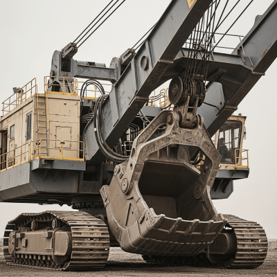 A close-up photograph focusing on the bucket and arm of a Dragline excavator (excavators), showing details such as hydraulic lines, metal textures, and wear marks