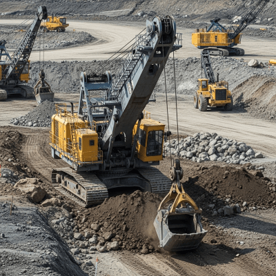 A realistic image of a Dragline excavator (excavators) at work on a construction site, surrounded by soil, rocks, and machinery