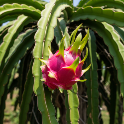 A photograph of a fresh Dragon fruit from the fruits taxonomy as it appears in its natural growing environment, such as on a tree, bush, or vine