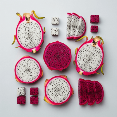 An overhead view photograph of several pieces of the Dragon fruit, from the fruits taxonomy, arranged aesthetically on a plain background