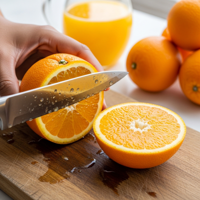 A realistic depiction of a Dream Navel Orange from the oranges taxonomy being used in a culinary context, such as being sliced on a cutting board or prepared for juice