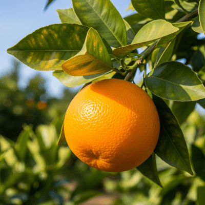A naturalistic scene featuring a Dream Navel Orange from the oranges taxonomy growing on a tree with leaves and branches visible