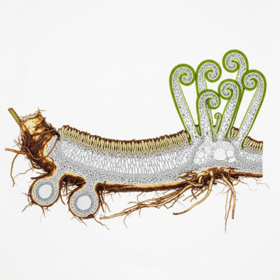 Cross-sectional illustration or photograph of a Dryopteridaceae (family), showing internal structure such as rhizome, roots, and vascular bundles