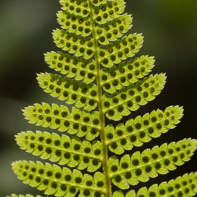 Photograph of a mature Dryopteridaceae (family), with visible sporangia or sori on the underside of its fronds, highlighting its reproductive structures
