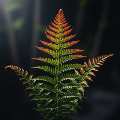 Editorial-style image of a Dryopteris erythrosora, of the taxonomy ferns, arranged heroically with dramatic lighting and shallow depth of field to emphasize its form and beauty.