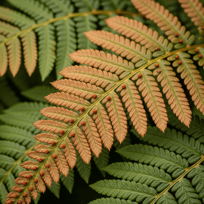 Detailed macro image of the fronds and leaflets of a Dryopteris erythrosora, focusing on texture, venation, and sori (spore cases) if visible