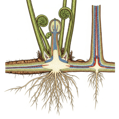 Cross-sectional illustration or photograph of a Dryopteris erythrosora, showing internal structure such as rhizome, roots, and vascular bundles