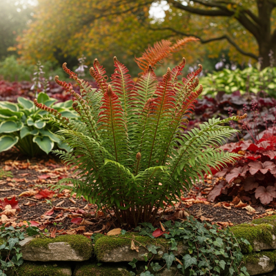 Image depicting a Dryopteris erythrosora as traditionally used by humans, such as in ornamental garden settings, floral arrangements, or as part of indigenous cultural practices