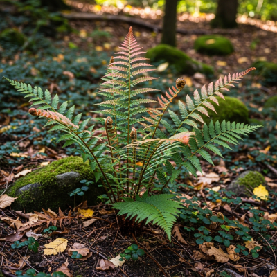 Photograph of a Dryopteris erythrosora, of the taxonomy ferns, shown growing in its natural environment, such as a forest understory or shaded woodland