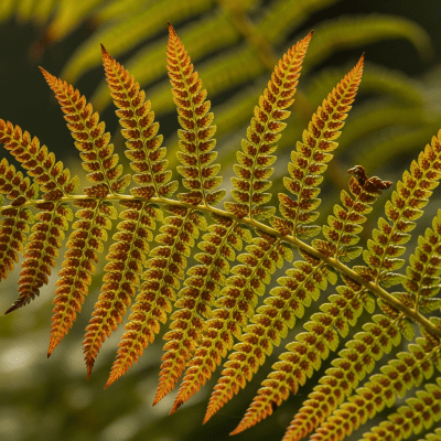 Photograph of a mature Dryopteris erythrosora, with visible sporangia or sori on the underside of its fronds, highlighting its reproductive structures