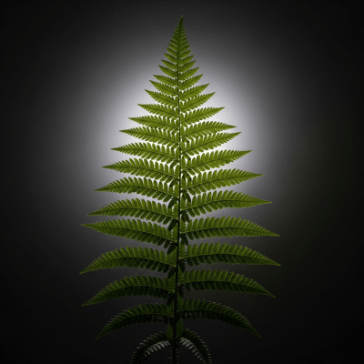 Editorial-style image of a Dryopteris filix-mas, of the taxonomy ferns, arranged heroically with dramatic lighting and shallow depth of field to emphasize its form and beauty.