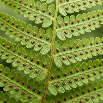 Detailed macro image of the fronds and leaflets of a Dryopteris filix-mas, focusing on texture, venation, and sori (spore cases) if visible