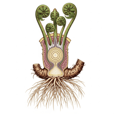 Cross-sectional illustration or photograph of a Dryopteris filix-mas, showing internal structure such as rhizome, roots, and vascular bundles