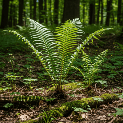 Photograph of a Dryopteris filix-mas, of the taxonomy ferns, shown growing in its natural environment, such as a forest understory or shaded woodland