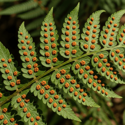 Photograph of a mature Dryopteris filix-mas, with visible sporangia or sori on the underside of its fronds, highlighting its reproductive structures