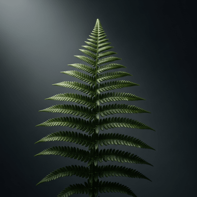 Editorial-style image of a Dryopteris marginalis, of the taxonomy ferns, arranged heroically with dramatic lighting and shallow depth of field to emphasize its form and beauty.