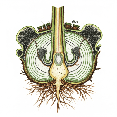 Cross-sectional illustration or photograph of a Dryopteris marginalis, showing internal structure such as rhizome, roots, and vascular bundles