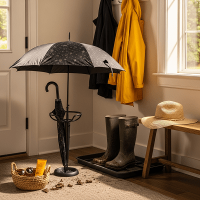 Image of a Dual-purpose Umbrella displayed alongside typical items it is paired with (e