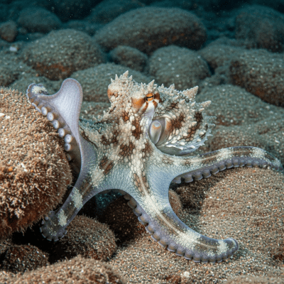 Illustration of a Dumbo Octopus displaying camouflage behavior within its environment, blending into rocks, sand, or coral