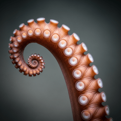 Naturalistic close-up photograph of a single arm of a Dumbo Octopus, focusing on the suckers, skin texture, and coloration details
