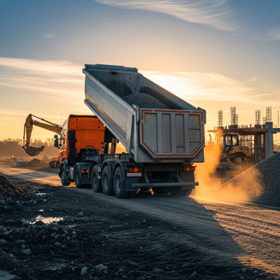 Photorealistic image of a Dump Trailer Truck (trucks) in its typical working environment