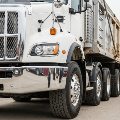Close-up photograph focusing on distinctive details of a Dump Trailer Truck from the trucks taxonomy