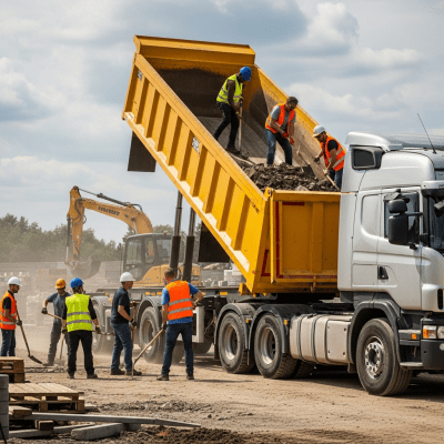 Image of a Dump Trailer Truck (trucks) being used by people in a real-world scenario