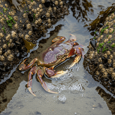 Naturalistic image of a Dungeness Crab, belonging to the taxonomy crabs, in its typical habitat such as a shoreline, rocky tide pool, or mangrove