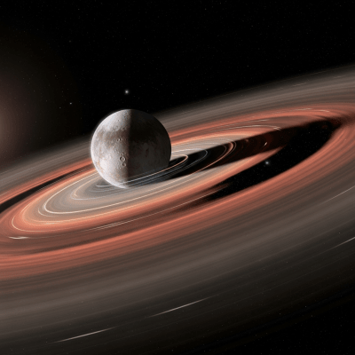 Realistic rendering of a Dwarf planet, shown in a simulated planetary formation environment