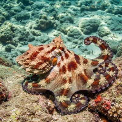 Illustration of a East Pacific Red Octopus displaying camouflage behavior within its environment, blending into rocks, sand, or coral