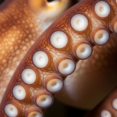 Naturalistic close-up photograph of a single arm of a East Pacific Red Octopus, focusing on the suckers, skin texture, and coloration details
