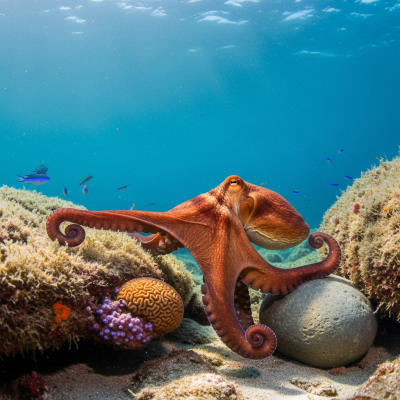 A realistic underwater scene featuring a East Pacific Red Octopus of the taxonomy octopuses in its natural marine environment