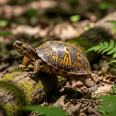 A dynamic action shot of a Eastern Box Turtle, part of the taxonomy reptiles, in motion such as climbing, swimming, basking, or hunting in its environment