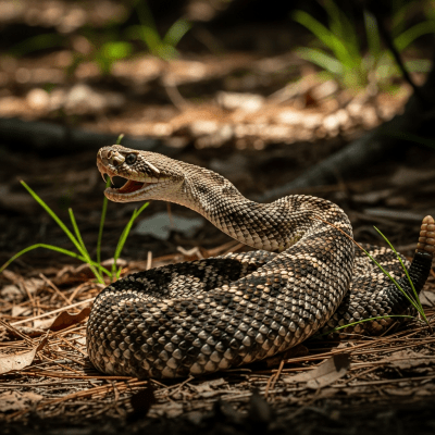 A dynamic action shot of a Eastern Diamondback Rattlesnake, part of the taxonomy reptiles, in motion such as climbing, swimming, basking, or hunting in its environment