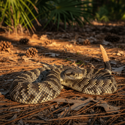 A detailed image of a Eastern Diamondback Rattlesnake (reptiles) in its typical natural habitat