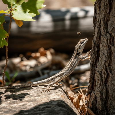 A dynamic action scene featuring a single Eastern Fence Lizard (lizards) running, climbing, or catching prey in its typical environment