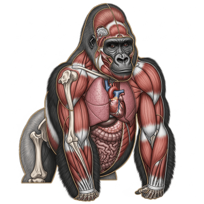 Detailed anatomical illustration of a Eastern gorilla, part of the taxonomy apes